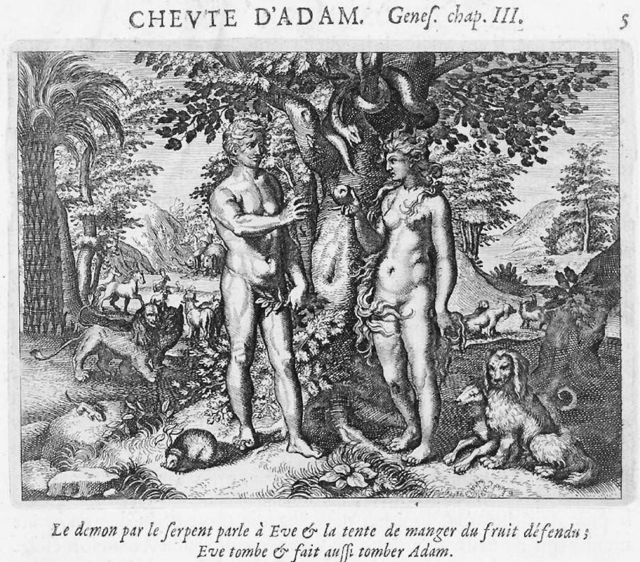 Im Zentrum des Bildes Adam und Eva im Paradies - unter dem Baum der Erkenntnis, aus dem bereits die teufliche Schlange ihre Versuchunng in Evas Ohr wispert. 