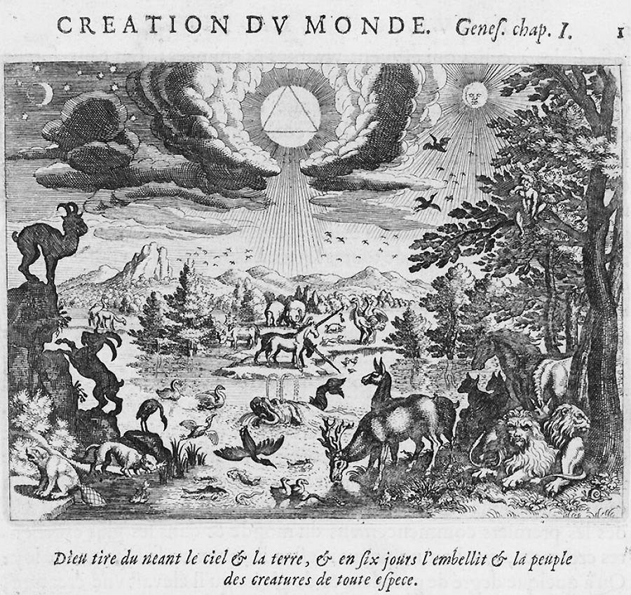 Blick in die soeben erschaffene Welt; zahllose Tiere, jeweils paarweise und in der für sie bestimmten Landschaft; und Adam noch alleine etwas planlos auf dem Ast eines Baumes sitzend. Darübr hoch in den Wolken das Symbol der unnahbaren göttlichen Gegenwart.