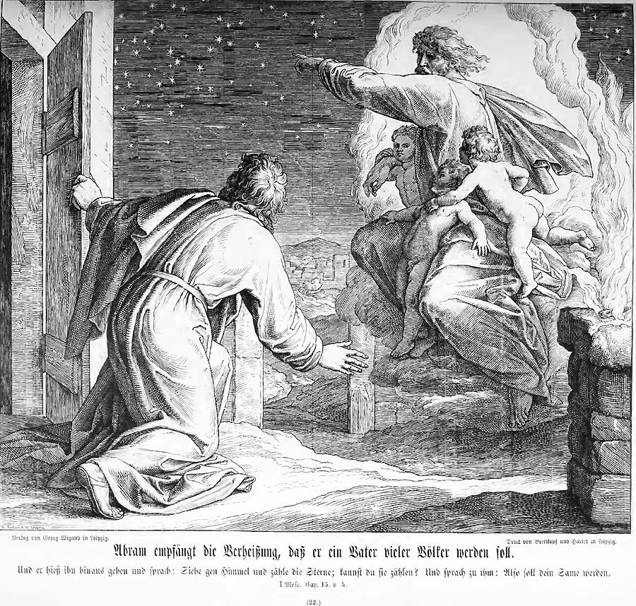 Rechts aus demoffenen Himmel heraus wendet sich der von Puttos umgebene Herr zu dem links unten stehenden Abrahman und lenkt seinen Blick auf den gestirnten Himmel: So reich wird die Zahl Deiner Nachkommen sein