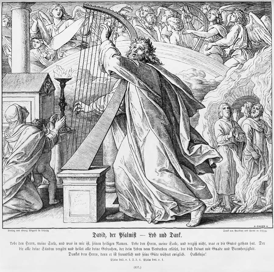 Wieder steht David an der Harfe im Zentrum; links neben ihm im Mittelgrund eine betende Frau mit Kind, rechts, die hoffnungsvoll nach oben blickenden Gerechten der Vorzeit in der Vorhölle. Darüber, über den Wolken und den sieben Himmeln der jubelnde Chor der himmlischen Heerscharen.