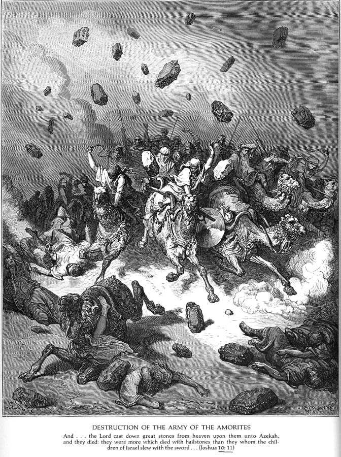 „Mein Gott, bring mir Hilfe - denn all meinen Feinden hast Du den Kiefer zerschmettert (Ps. III,8) Immer wieder greift der Herr zugunsten seines Vokes in dessen Kämpfe ein<br>Bild: Doré-Bibel Das Bild zeigt eine berittene Kriegerschar, die durch vom Himmel regnende Steine und Felsen zerschmettert wird.