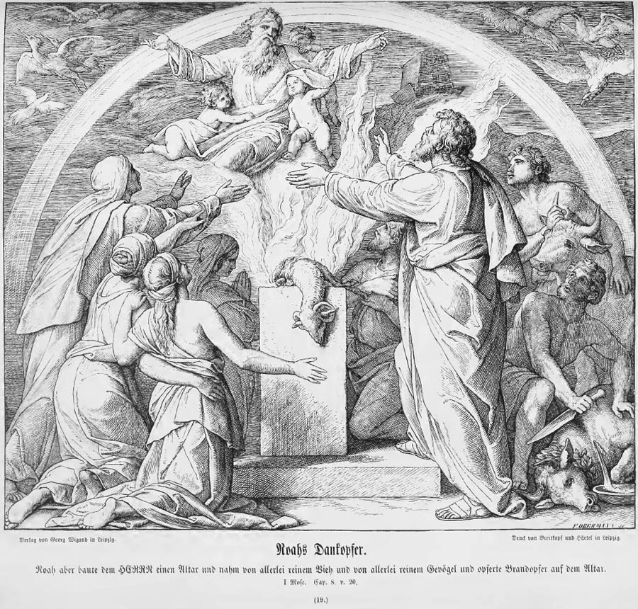 „Herr, am Morgen hörst Du meine Rufen, am Morgen rüste ich das Opfer zu “ (Ps. IV, 6). Noah und seine Sippe bringen als Dankopfer ein Lamm da, und am Himmel erscheint der Herr im Regenbogen der Versöhnung. Ein neuer Tag bricht an und wird mit einem Opfer zum erneuten Bundesschluss besiegelt. <br>Bild: Bilderbibel Noah und seine Sippe bringen als Dankopfer ein Lamm da, und am Himmel erscheint der Herr im Regenbogen der Versöhnung: Einn neuer Tag bricht an