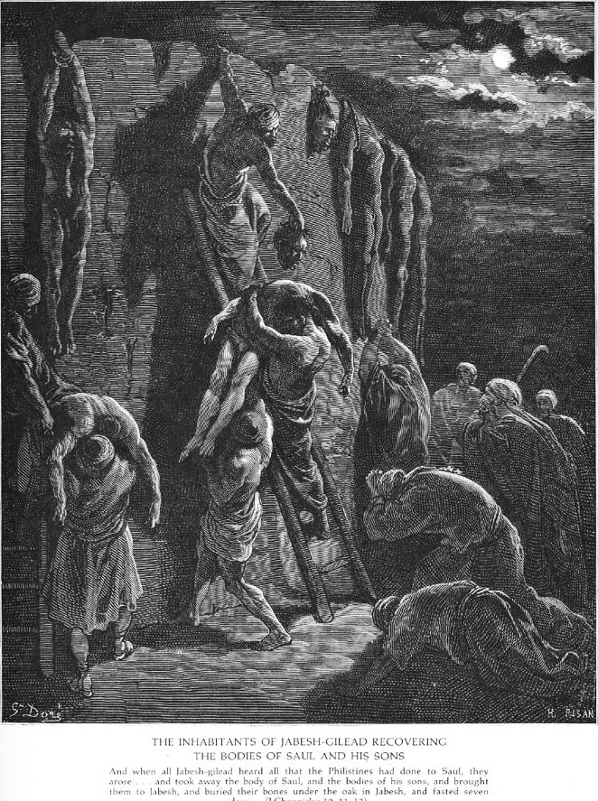 „Herr, strafe mich nicht in Deinem Zorn und züchtige mich nicht mit Deinem Grimm “ (Ps. VI, 6). Die Zeiten waren rauh und die Strafen grausam, und im Krieg blieb keine Seite der anderen eine Grausamkeit schuldig. <br>Bild: Doré-Bibel Das Bild zeigt die Israeliten, wie sie die Leichen ihrer Kämpfer bergen, die von den Siegreichen Feinden zur Abschreckung an der Stadtmauer aufgehängt worden waren