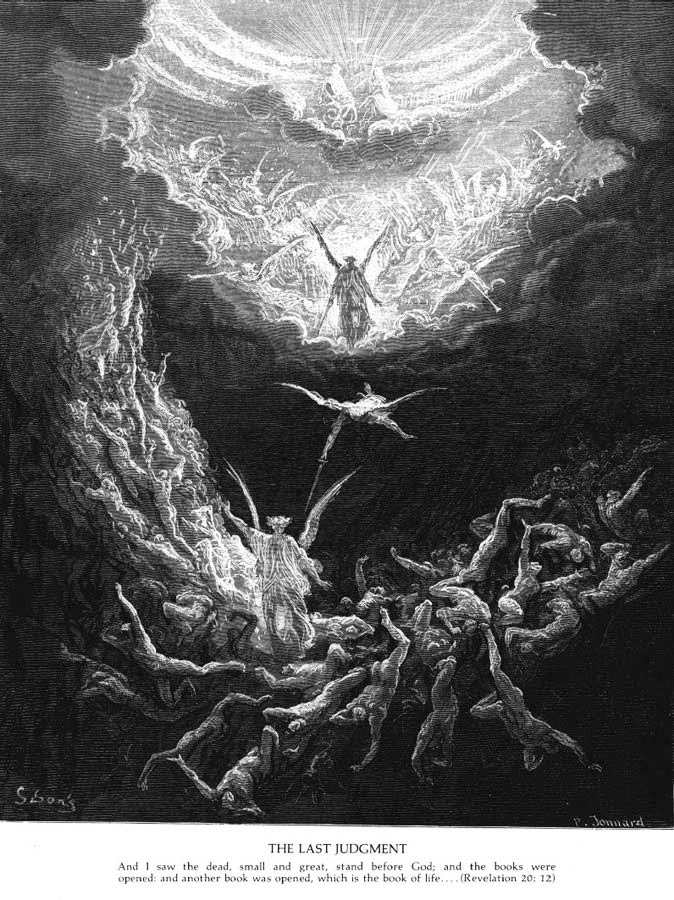 „Der Herr richtet die Völker. Um dich stehe die Schar der Völker im Kreis - über ihnen throne Du in der Höhe.“ (Ps. VII, 8).<br>Bild: Doré-Bibel Das Bild zeigt eine dramatische Inszenierung des Weltengerichts entsprechend Vers 8 von Psalm VII: Der Herr richtet die Völker. Um dich stehe die Schar der Völker im Kreis - über ihnen throne Du in der Höhe.