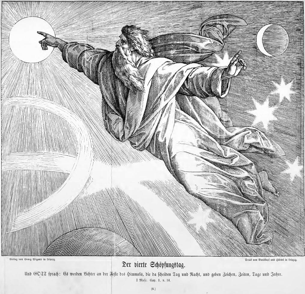 „Sehe ich den Himmel, das Werk Deiner Hände, Mond und Sterne, die Du befestigt.“ (Ps. VIII, 4). Nach alter westlicher Vorstellung betont diese Darstellung das „Handwerk“ des Welterschaffers und weniger das wirkmächtige „Wort“ – den eingeborenen Sohn, durch den alles geschaffen ist. Bild: Bilderbibel Sehr volkstümliche Darstellung Gotte Vaters, der in einem unstrukturierten Universum schwebt und mit den Gesten seiner Hände die Gestirne ins Leben ruft.