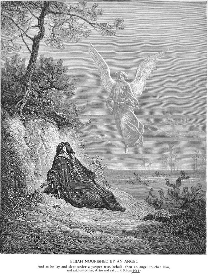 Elias liegt erschöpft am Rande der Wüste unter einem spärlichen Baum - da naht vom Himmel ein Engel mit Wasser und Brot