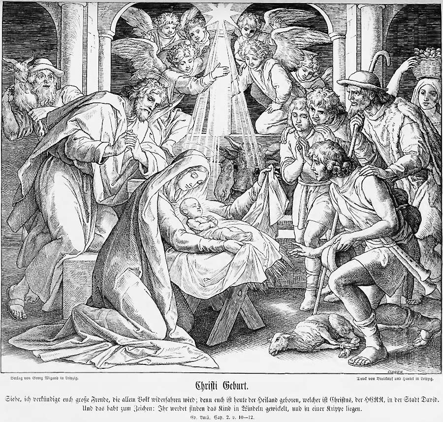 Die Illustration aus der Bilderbibel zeigt die bekannte Szene der Geburt Christi: Joseph, Maria und das Kind; die Hirten, den Chor der Engel und natürlich auch Ochs und Esel. Warum vermittelt der Bildtext.